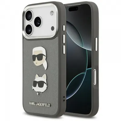 Husa pentru Apple iPhone 17 Pro, Karl Lagerfeld, Grained Karl & Choupette's Heads Pins and Logo, Gri