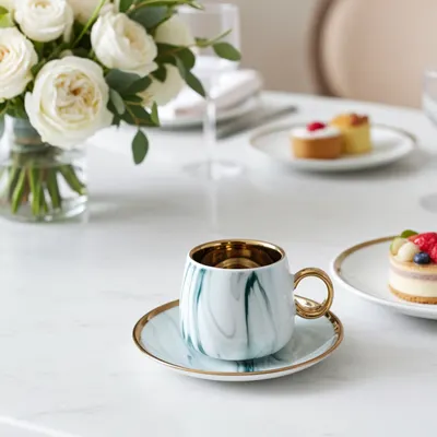 Serviciu de cafea Morello - Marble, 6 cești cu farfurii, 100 ml, Blue & Gold
