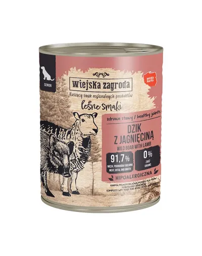 WIEJSKA ZAGRODA Hrană umedă pentru câini seniori cu mistreț și miel (Gusturi de Pădure) 6x800 g