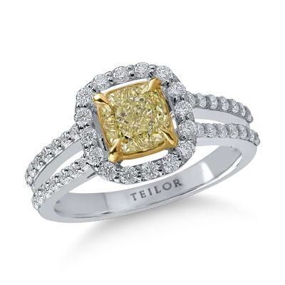 Inel din aur alb cu diamant galben cushion de 1ct si diamante transparente de 0.5ct