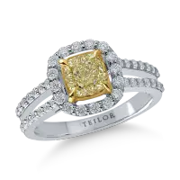 Inel din aur alb cu diamant galben cushion de 1ct si diamante transparente de 0.5ct