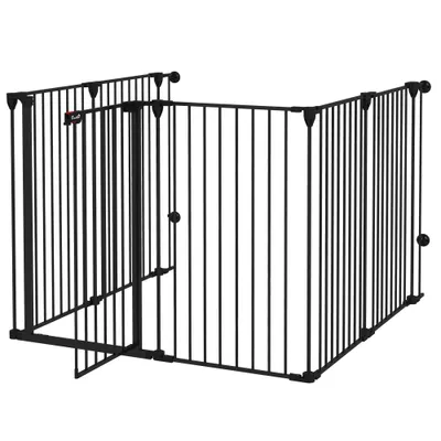 PawHut Tarc de Joacă 2-in-1 Multifuncțional cu Poartă de Siguranță pentru Pisici și Câini, 6 Panouri, Dimensiuni 64x100cm, Înălțime 100cm, Negru | Aosom Romania