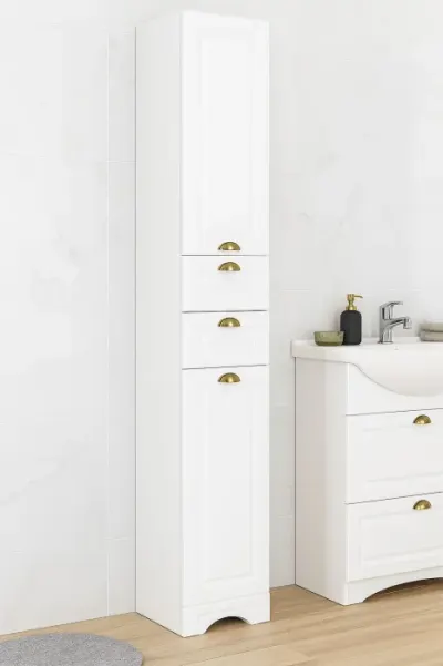 Dulap baie seria 172, front MDF, 2 usi, 2 sertare, alb rustic, 35x31.6x180 cm