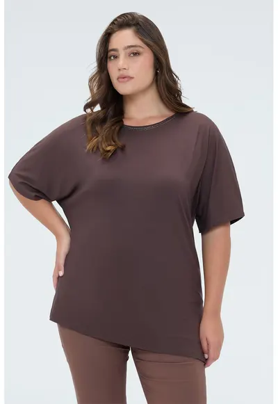 Tricou asimetric cu maneci medii - Maro inchis