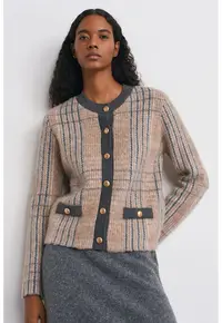 Cardigan Femei - Jacquard - Multicolor - Carouri - Maneca lunga - Inchidere cu nasturi -