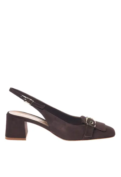 Pantofi slingback de piele intoarsa cu toc masiv - Maro