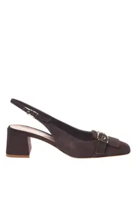 Pantofi slingback de piele intoarsa cu toc masiv - Maro