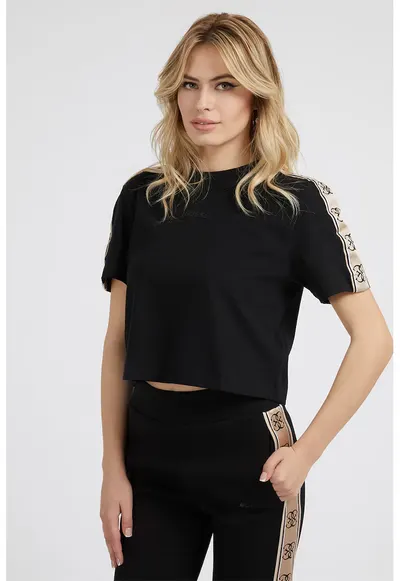Tricou crop de bumbac cu segmente laterale cu logo - Negru