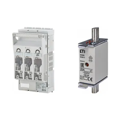 Pachet Protectie Circuit Trifazat: Soclu Siguranta Fuzibila NH00 3P (M8/M8), Siguranta Fuzibila NH000 gG 20A 500V
