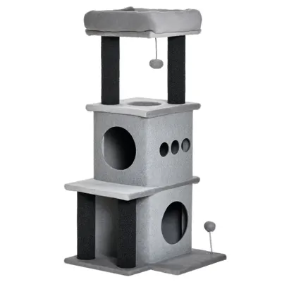 PawHut Arborișoare pentru pisici design cozy-chic multi-echipate centrul de activități cu zone, platforme, pat, joc cu bile, fețre detașabile și lavabile, plăci de particule, pluș scurt 48 x 48 x 100 cm gri | Aosom Romania