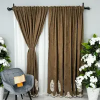 Set 2 Draperii Blackout 80%, din Catifea cu Broderie, 140cm latime x 260cm inaltime, cu TIV LAT, Elite V1, Maro
