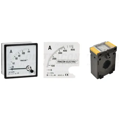 Pachet Masura Curent AC Detaliat: Ampermetru 5A, Transformator Curent 500A si Cadran 500/5A