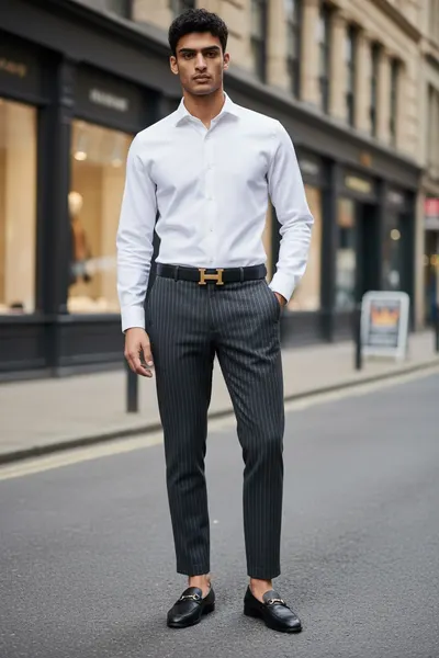 Pantaloni barbati eleganti gri cu dungi 1028