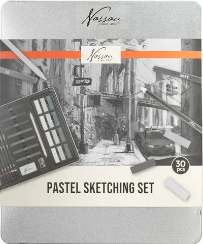 Set pentru schițe cu pastel Nassau - 30 piese, în cutie metalică