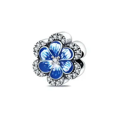 Charm/talisman argint 925, JW1121, model floare alb/albastra, placat cu rodiu
