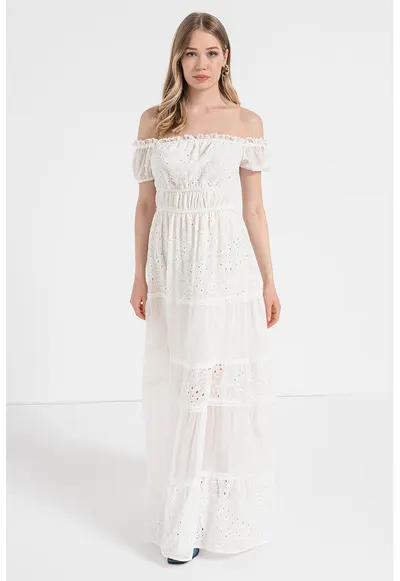 Rochie midi din dantela sangallo cu decolteu pe umeri - Alb
