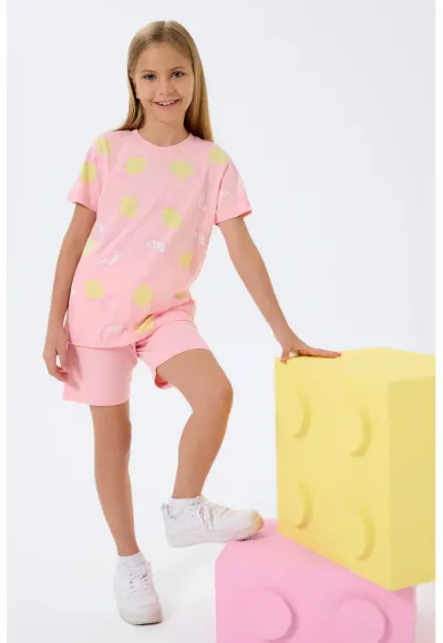 Set de tricou cu imprimeu fructat si pantaloni scurti - Roz somon