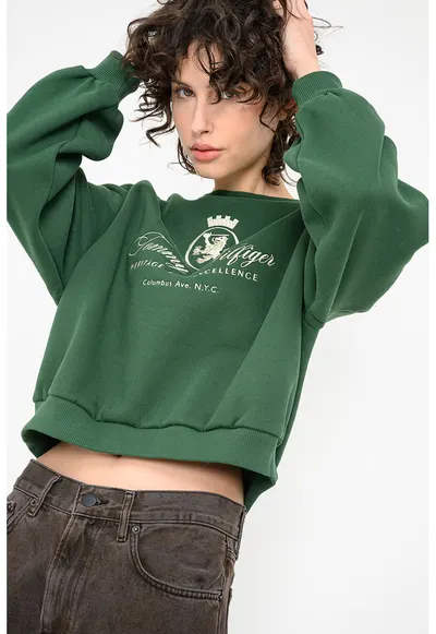 Bluza de trening cu croiala crop - maneci cazute si imprimeu logo - Verde inchis