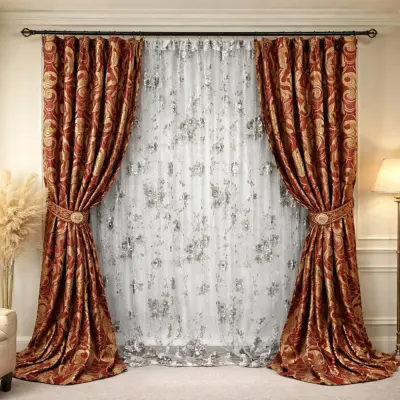 Set 2 Draperii Jacquard, Spiral, 150cm latime x 270cm inaltime, Rosu + Perdea 400cm latime x 270cm inaltime, din Matase Imprimata, Bujori Gri