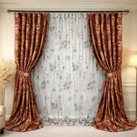 Set 2 Draperii Jacquard, Spiral, 150cm latime x 270cm inaltime, Rosu + Perdea 400cm latime x 270cm inaltime, din Matase Imprimata, Bujori Gri