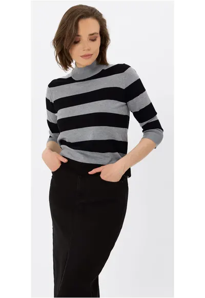 Pulover cu guler inalt - dama - maneci trei sferturi - S-Tess - in dungi negru si gri melange - Negru/Gri melange