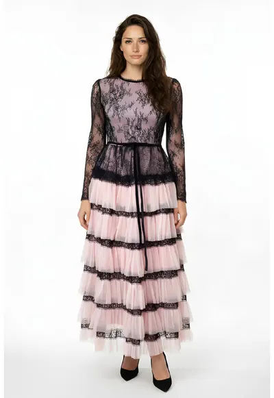 Rochie midi din dantela si tul Celena - Negru/Roz prafuit