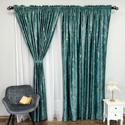 Draperie Catifea Asama cu insertii aurii, 140cm latime x 260cm inaltime, cu TIV LAT, Aqua - V9