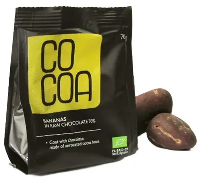 Banane organice în ciocolată crudă, 70 g, Surovital