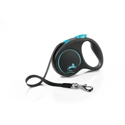 FLEXI Black Design, lesă bandă retractabilă câini, nylon, albastru, S(15kg, 5m)
