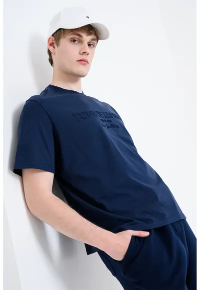 Tricou cu decolteu la baza gatului si logo - Bleumarin