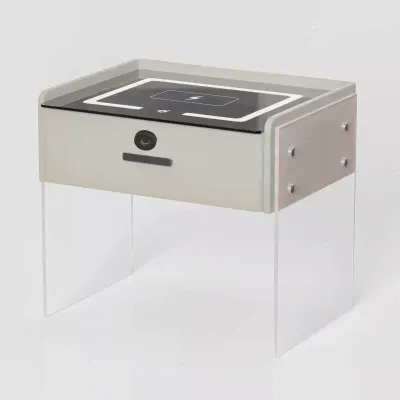 Noptiera inteligenta cu incarcare wireless, iluminare LED, 1 sertar de depozitare, difuzor Bluetooth si inchidere prin amprenta &ndash; alba, design modern din sticla si lemn