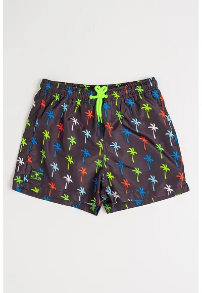 Pantaloni scurti cu model si snur in talie - Negru stins/Rosu vermillion/Albastru
