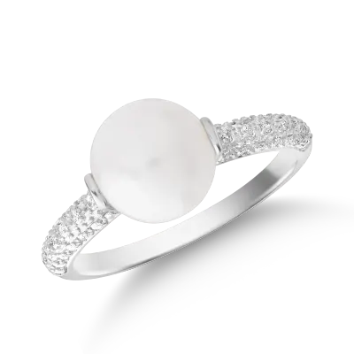 Inel din aur alb cu perla de cultura de 3.5ct si diamante de 0.152ct