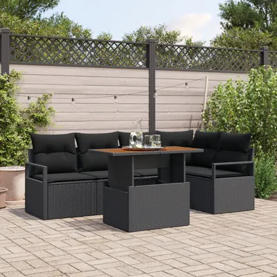 Set de canapea de gradina Gossi cu 6 piese cu perne negru ratan polimer, canapea de gradina Gossi cu 2 locuri cu spatiu de depozitare & perne negru ratan polimer