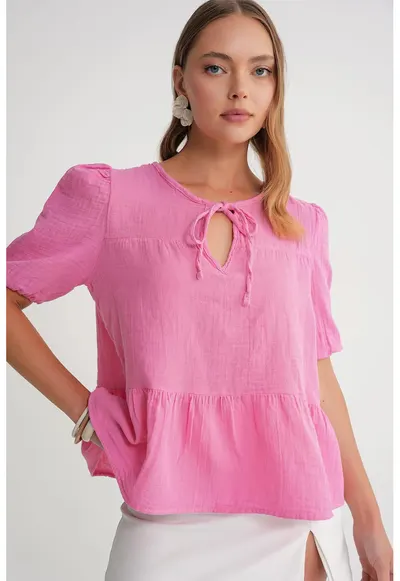 Bluza dama HiCCUP - muselina texturata - decolteu rotund - roz pudrat - bumbac