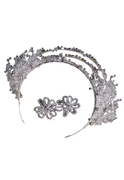 Set coronita si cercei - argintiu - cu cristale - 58 cm - Meia C9
