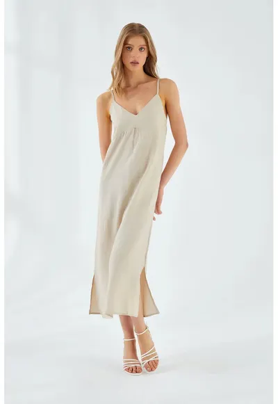 Rochie Midi - Decolteu in V - Slit - Stone Natural - Textil