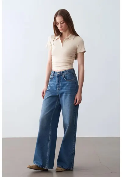 Tricou Polo Crop Slim Fit Femei Bej Natural - Maneca scurta - 48% bumbac - 47% viscoza - 5% elastan