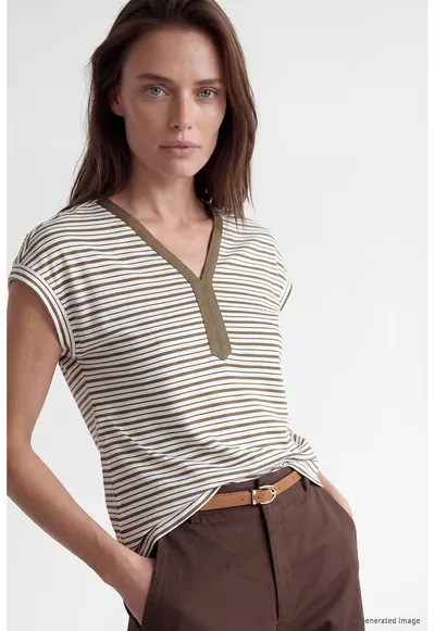 Tricou cu decolteu in V si dungi Grace - Alb/Maro pamantiu