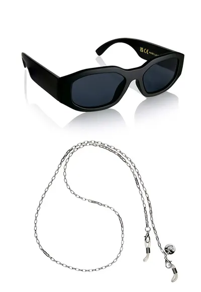 Ochelari de soare dreptunghiulari unisex cu lant - Negru