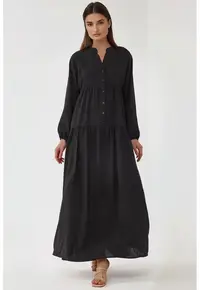 Rochie maxi - texturata - decolteu in V - textil - Negru - Negru