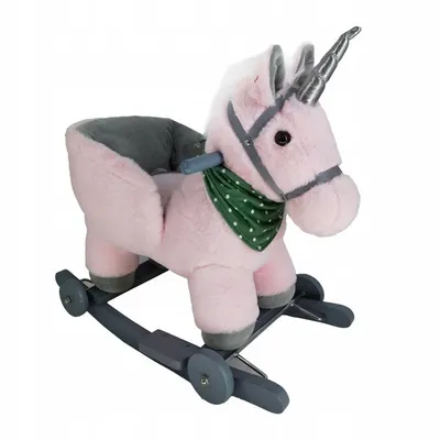 Calut balansoar interactiv pentru copii Matadi, prevazut cu roti, spatar si efecte sonore realiste, realizat din plus pink unicorn, dimensiune 65 x 50 x 36cm