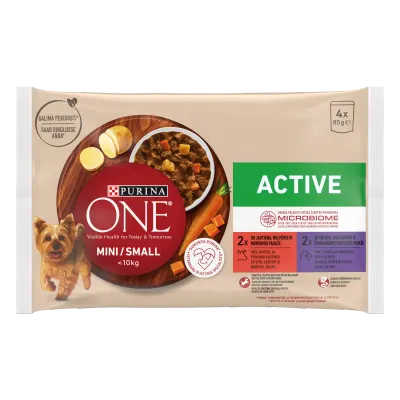 PURINA ONE MINI Active, vita, cartofi, si morcovi/ cu rata, paste si fasole verde, in sos, 4x85 g