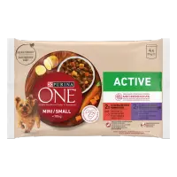 PURINA ONE MINI Active, vita, cartofi, si morcovi/ cu rata, paste si fasole verde, in sos, 4x85 g