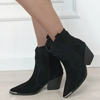 Cizme scurte negre din piele naturala cu toc comod 6397 114