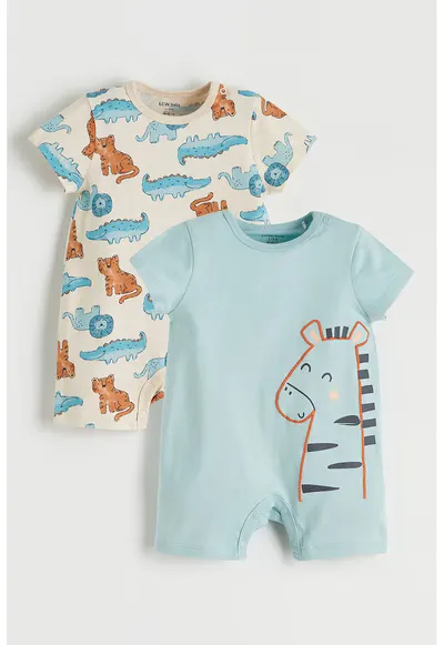 Set de 2 salopete cu model grafic - Albastru pastel/Bej