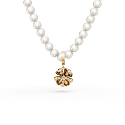 Colier cu pandantiv floare de tei din aur galben cu diamante de 0.08ct si perle de cultura