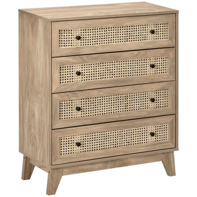HOMCOM Comodă cu 4 Sertare Stil Boho din Ratan 80x35x95 cm Lemn Natural | Aosom Romania
