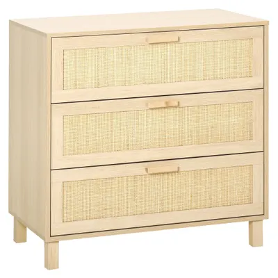 HOMCOM Casetiera cu 3 din lemn si ratan pentru camera de zi si dormitor, 80x40x80cm Culoare Lemn Natural | AOSOM.ro