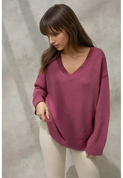 Pulover dama - tricotat gros - decolteu in V - mov - tricot